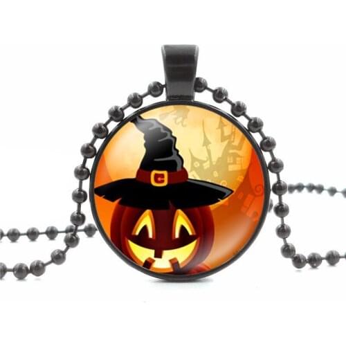 Fashion Halloween Jewelry Pumpkin Ghost Round Glass Necklace Choker Time Stone Glass Pendant Charm For Birthday Lovers Gift