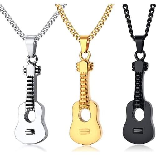 Stainless Steel Men Punk Rock Cremation Urn Ash Guitar Music Pendant Necklace Jewelry Gift For Him with Chain