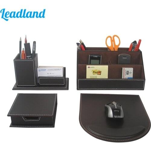 Modern Style 4 Pcs/Set PU Leather Desk Decor Stationery Organizers Sticker Memo Case Pen Stand Pencil Holder Mouse Pad T41H