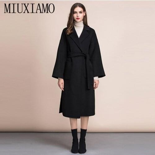 MIUXIMAO TOP QUALITY 2019 fall Winter coat 100% Pure Wool Black Over Coat Women Long Coat vestidos with Belt