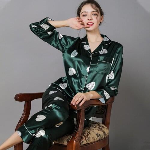 Long-sleeved Cardigan Shirts with Long Trousers Pajamas Set for Women Print Temperament Ice Silk Female Sleepwear suit Home Wear