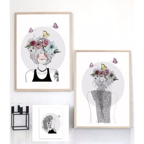 Black White FlowerButterfly Girl Portrait Posters and Prints Wall Art Canvas Painting Pictures For Living Room Nordic Home Decor