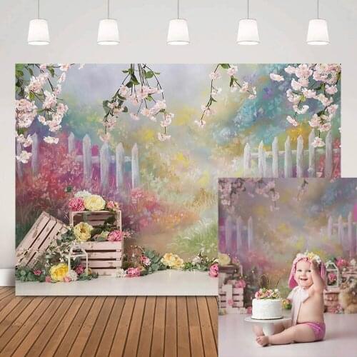 Girl Birthday Photography Backdrop Flowers Garden Oil Painting Wall Portrait Background Floral Birthday Cake Smash Photo Shoot