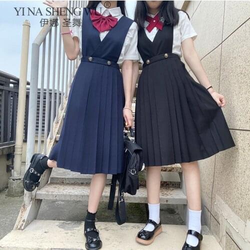 Women Japanese Short Sleeve JK Dress Girls Strap Dress JK College High School Uniform Class Uniform Students Clothes 2 Colors