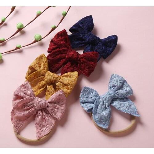 3.3" Grosgrain Lace Flower Bow Nylon Headband DIY Hair Bow With Thin Nylon Bands for Girls Newborn Baby Headwear 5 Colors U Pick