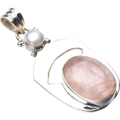 StarGems Natural Rose Quartz And River Pearl Handmade 925 Sterling Silver Pendant 1.5" D9335