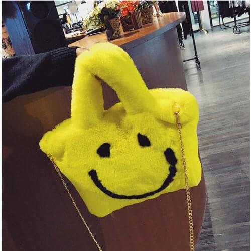 Womens Handbag Large Capacity Fashion Chain Shoulder Bag Plush Smiley Tote Bag Winter New Fake Fur Warm Bucket Bag