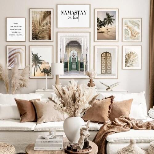 Morocco Old Architecture Vintage Canvas Painting Golden Palm Leaf Print Poster Sunset Landscape Wall Art Decoration Pictures