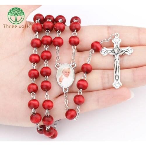 Vintage Red Bead Catholic Rosary Necklace Religious Father Beads Holy Soil Inside Centerpiece Maxi Strand Necklace
