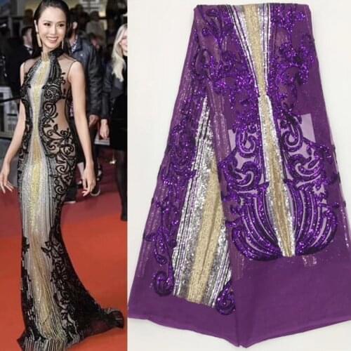 10colors High quality three-colored embroidered African sequins net lace purple French lace fabric for party dress FJL005