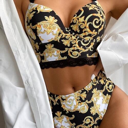 2Pcs Women Bikini Set Summer Swimsuit Floral Print V-Neck Padded Crop Tops + Middle Waist Briefs Set for Girls