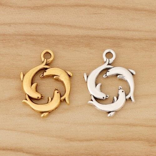 20 Pieces Antique Gold/Silver Color Dolphins Triple Dolphin Circle Round Charms Pendants for DIY Jewellery Making 20x16mm