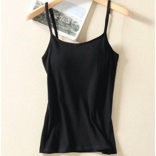 2021 Women Summer Cotton Solid Sling Vest Female Built In Bra Off Shoulder Sleeveless Camisole Lady Breathble Fitness Tanks D950