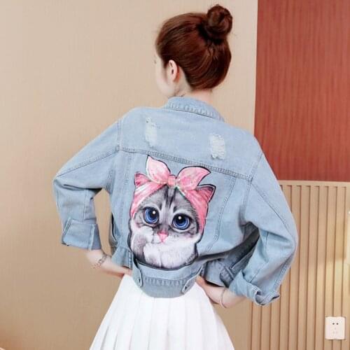 #3329 Summer Casual Short Denim Jacket Women Sequins Cat Printed Jeans Jacket Ladies Plus Size 4XL 5XL Outerwear Holes Harajuku