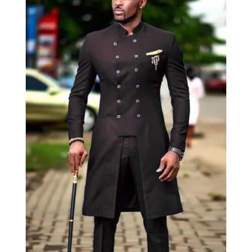 Double Breasted Formal Men Suits for Wedding with Stand Collar Groom Tuxedos 2 Piece Male Fashion Long Jacket Pant Prom Costume