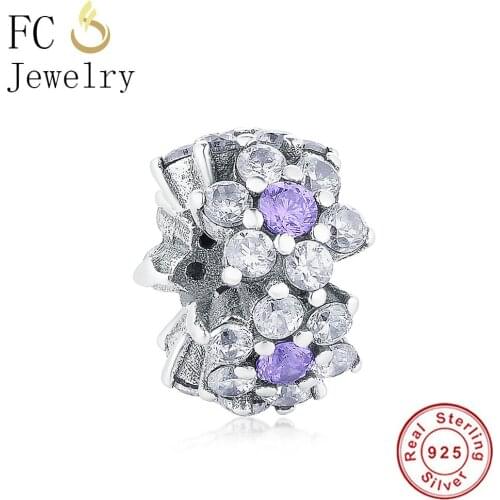 FC Jewelry Fit Original Brand Charm Bracelet 925 Silver Forget Me Not Flower Purple Clear Zircon Crystal Beads Spacer Berloque