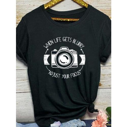 Adjust Your Focus Letter Camera Print T Shirt Women Short Sleeve O Neck Loose Women Tshirt Ladies Summer Tee Shirt Tops Clothes