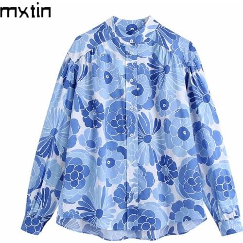 MXTIN 2021 Women Spring Vintage Floral Print Oversize Blouses Fashion O-Neck Long Sleeve Offic Lady Female Shirts Casual Tops