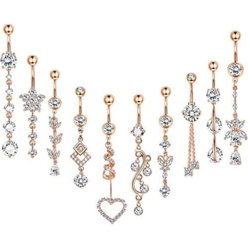 Crystal Zircon Dangling Navel Belly Button Ring Oreja Tassel Pendant Nail Puncture Jewelry Combination Set Stainless Steel