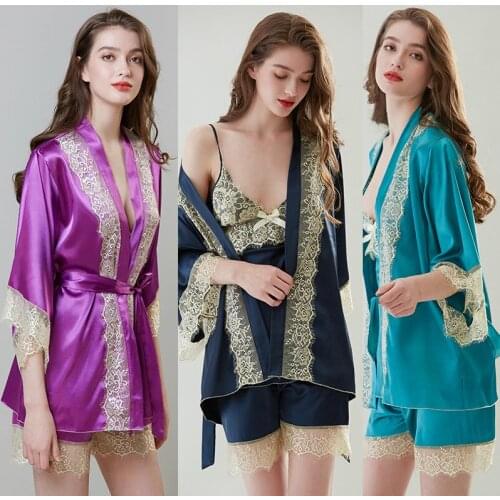 3pcs/set pajamas ladies sling short pant robe sexy lace nightdress nightgown womens Silk sleepware free shipping dropping