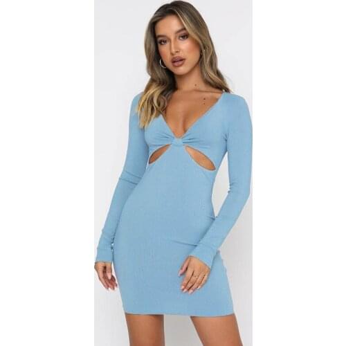 Mini Dress Temperament Elegant Sexy Long Sleeve Bodycon Dress Solid Color Hollow Out Slim High Waist Dresses For Women Clothing