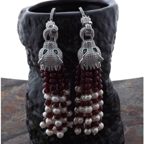 Beautiful Garnet White Pearl CZ Dragon Drop Earrings
