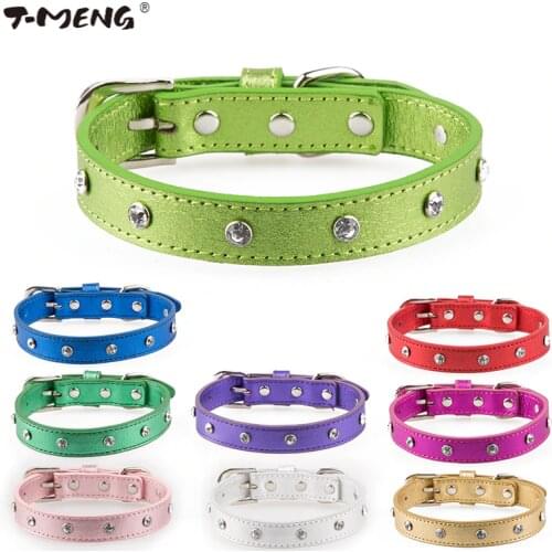 T-MENG 9 Colors 3 Sizes Soft Genuine Leather Dog Collars One Row Diamond Bling Pet Dog Collar Fashion Crystal Neck Pet Products