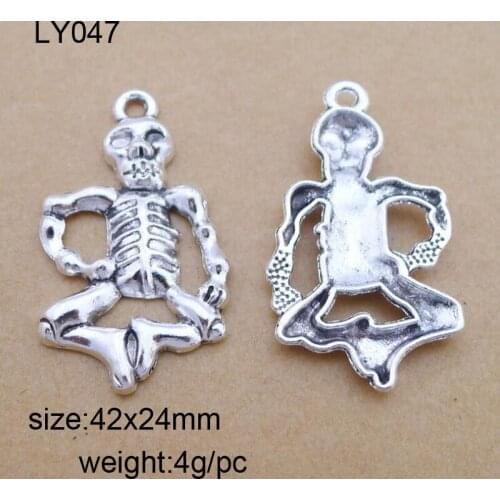 Tibetan Silver Plated Skull Charms Pendants For Jewelry Making Findings Bracelet Diy Craft Handmade 42x24mm 25pcs/lot