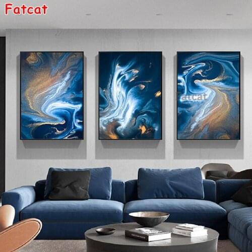 Triptych Diamond Embroidery Abstract Golden Blue Wave Cross Stitch DIY Diamond Painting full Diamond Decor New Year Gift PP1457