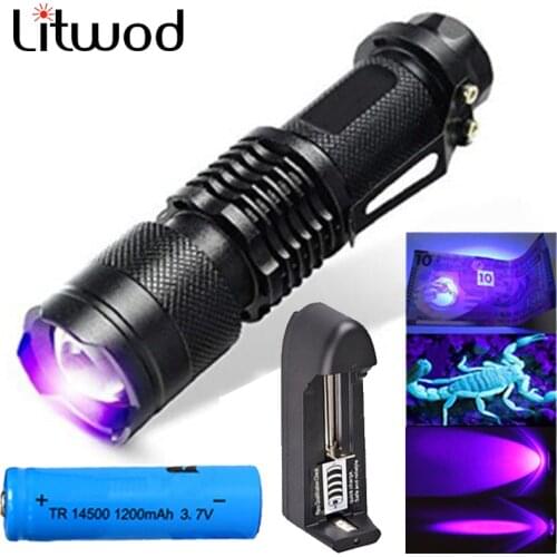 UV LED Flashlight Ultraviolet Torch Zoomable Mini UV Black Light Pet Urine Stain Detector Scorpion Hunting Biut-in 14500 Battery