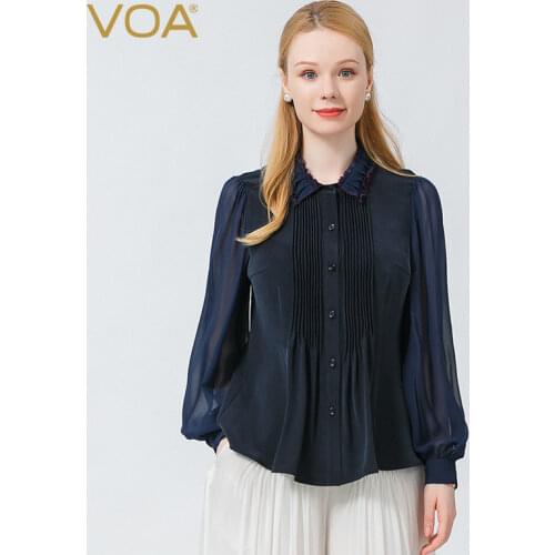 VOA 30m/m Silk Top Women Wood Ear Polo-Neck Fashion Woman Blouses 2021 Single-breasted Shirt Sleeve Autumn Womens Shirt BE777