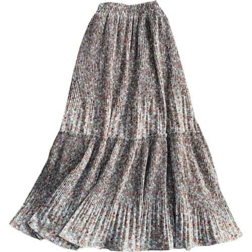 New Spring Autumn Women Elastic High Waist Slim Long Skirt Korean Fashion Sweet Floral Chiffon Pleated Skirt