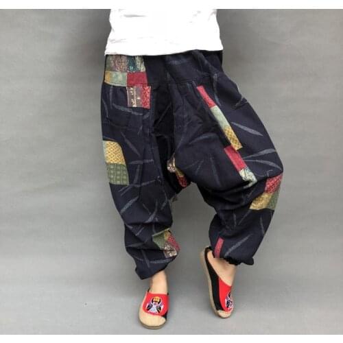 Women Harem Pants Cotton Linen Printed Baggy Boho Trousers Retro Gypsy Pants Work Drop-Crotch