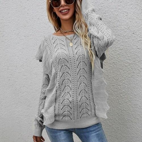 Knitted O-Neck Womens Sweater Hollow Out Long Sleeve Pullover Top Clothing 2021 Fall Autumn Winter Loose Fashion Sweaters Woman