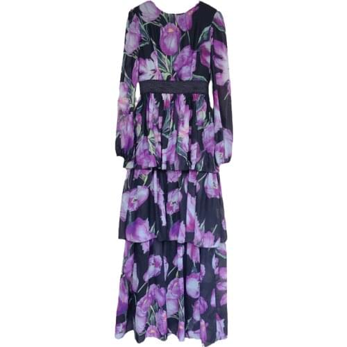 2021 spring summer purp beach ankle long dress silk high-quality long-sleeved flower elegant long dress seaside holiday party dr