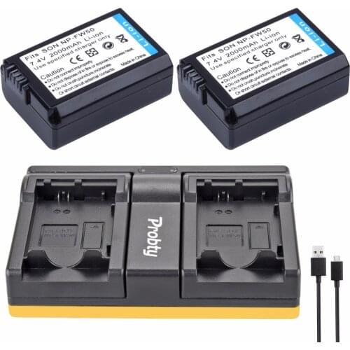 2Pcs NP-FW50 NP FW50 Battery + Dual Charger for SONY A5000 A5100 A7R A6000 5T 5C 3N A7 NEX6 NEX7 NEX5TL NEX5R NEX5N Camera