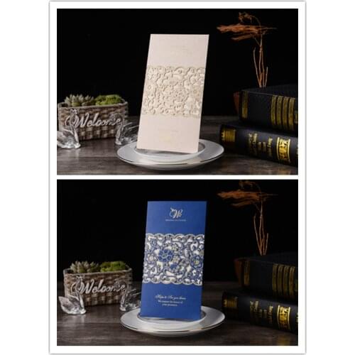50pcs/set free envelop and free seal embossing laser cut invitation Navy blue and ivory