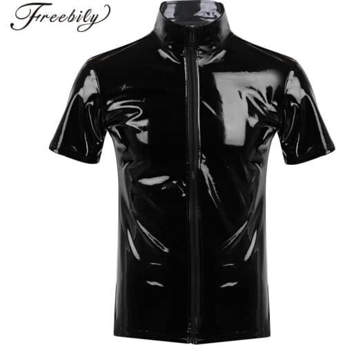 Black Men women Metallic Novelty Hipster PVC Leather Stand Collar Short Sleeves Front Zip Up T-shirt Tops Party Club Clothing