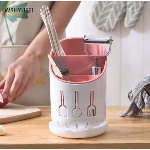 Creativity Kitchen Accessories Storage Cylinder Plast Chopsticks Holder Tableware Drying Canister Cutlery Organizer with Drain