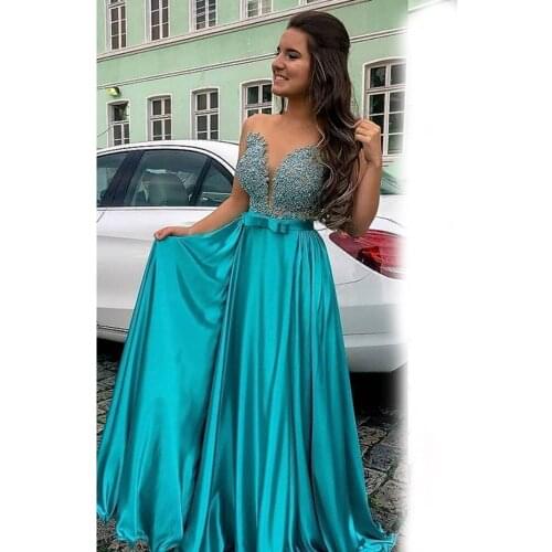Cheap A Line Illusion Neck Long Prom Dresses Appliques With Beaded Bow Tie Belt Evening Party Dress Floor Length Satin Prom Gown