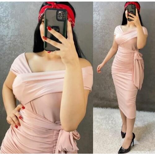 Elegant Pleated Pink Short Evening Dresses with Bow Satin Bodycon Off Shoulder Abendkleid Robes de Soirée for Women