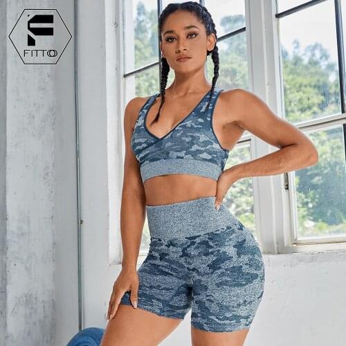 FITTOO Camouflage Seamless Yoga Set Sports Bra Raceback Crop Top High Waist Biker Shorts Women Gym Clothing Workout Activewear
