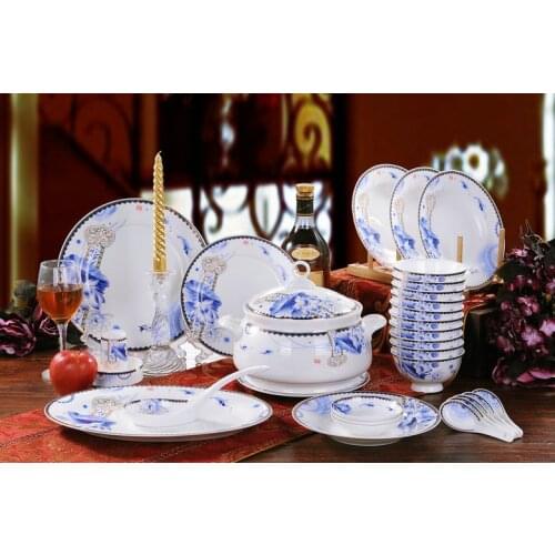 Guci Jingdezhen Ceramic tableware 56 head bone china tableware set double ear pot high foot bowl version gift