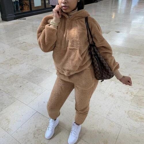 Tracksuits Casual Plush Warm Fluffy Suits Womens Long Sleeve Hooded Sweatshirt Hoodie Long Sporty 2 Piece Set