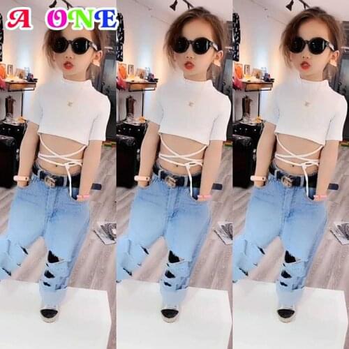 Summer kids tee girls t-shirt baby tops clothes for big kids fashion bandage solid skinny t-shirt for girls 2T to 14T yrs