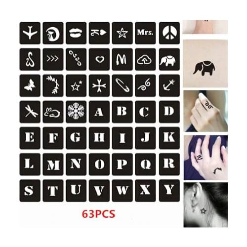 63pcs/set Reusable Henna Sjablonen Alphabet Elephant Cat Small Glitter Tattoo Stencil Kids Girls for Painting Airbrush Stencil