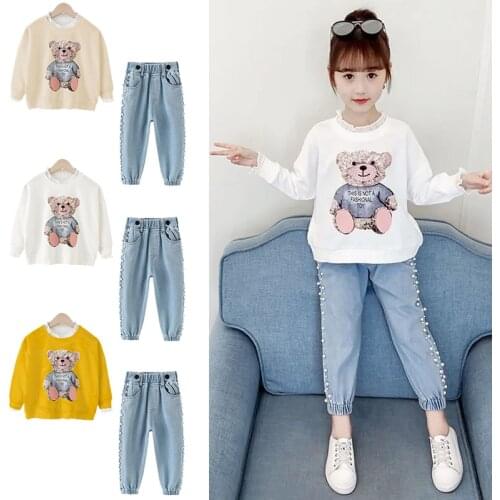 Fashion Korean Two-piece Suit For Girls Cartoon Printed Top + Jeans Spring Autumn Children Clothing Sets Teens Outfits 4-12 Year