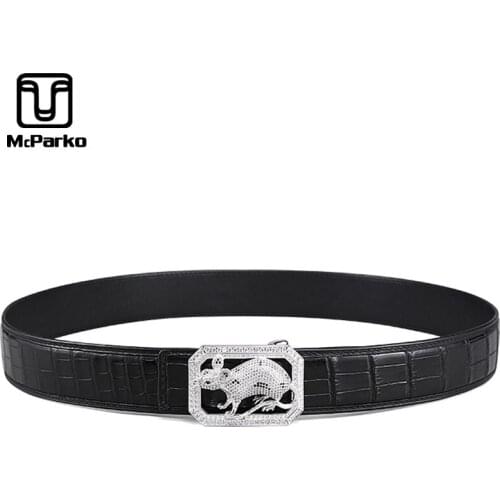 McParko Luxury Belt Men Genuine Crocodile Leather Belts Stainless Steel Buckle Chinese zodiac Mouse Waist Belt High end Design