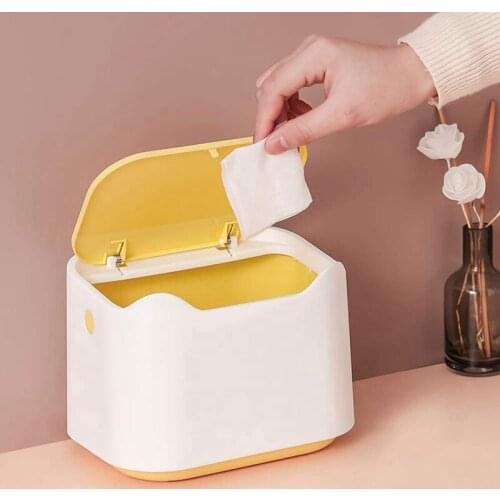 Desktop Trash Can with Lid Yellow White Small Countertop Garbage Cans for Office Car Bathroom
