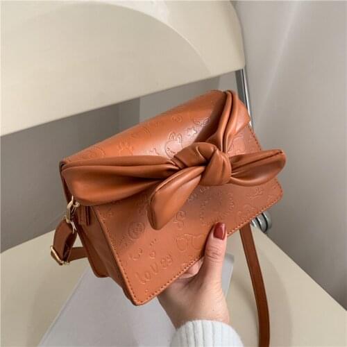2021 New Women PU Leather Bowknot Printing Messenger Shoulder Bag Female Solid Color Small Square Bag Fashion Handbag